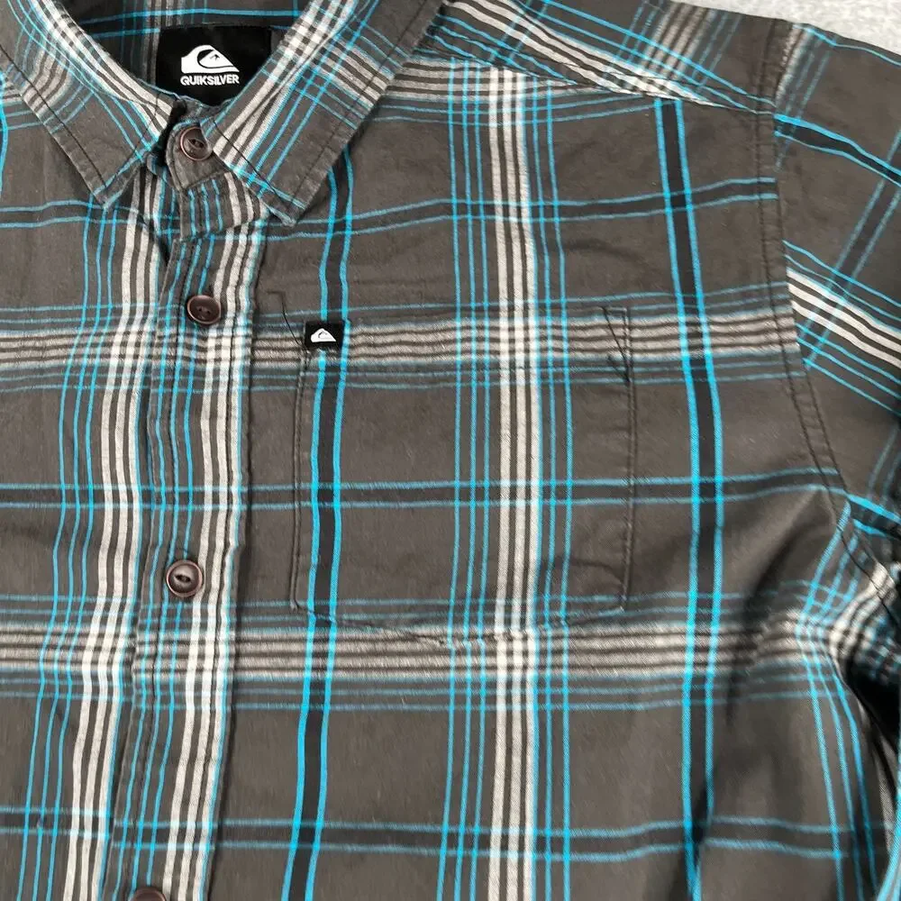 Quiksilver Shirt Youth Large Gray Blue Plaid Casual Pocket Beach Button Down